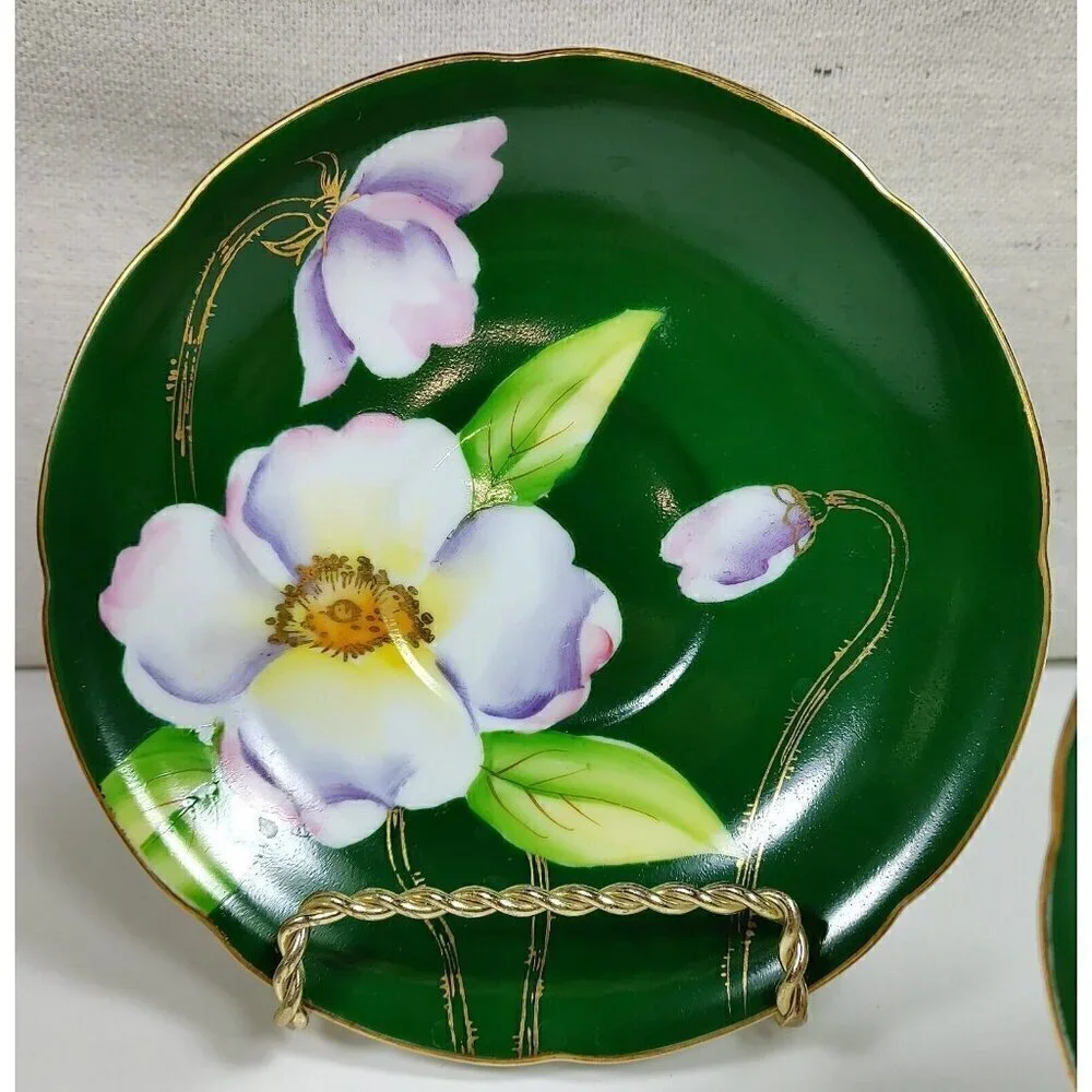 Silver China Occupied Japan Green Hand Painted Flowers Gold Trim Saucer Set Of 3